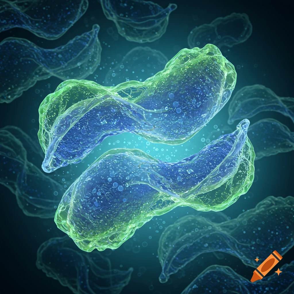 Abstract microscopic view of two glowing blue and green cellular structures amidst other fainter cells on a dark blue background.