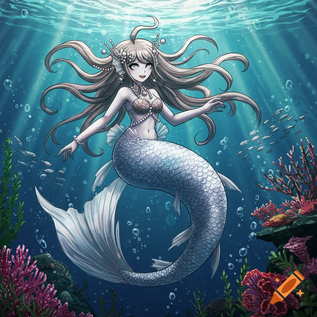 An anime-style illustration of a smiling mermaid with light hair and a silver tail, floating in a sunlit underwater scene with fish and coral.