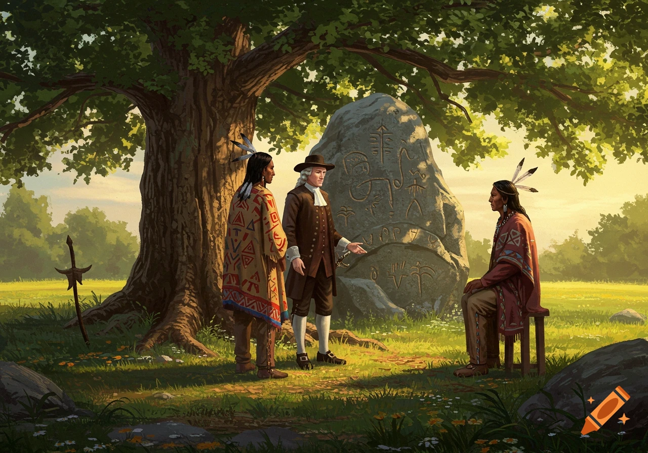 A European man in colonial attire meets with two Native American men under a large oak tree next to a rock with ancient carvings, in a sunlit field.
