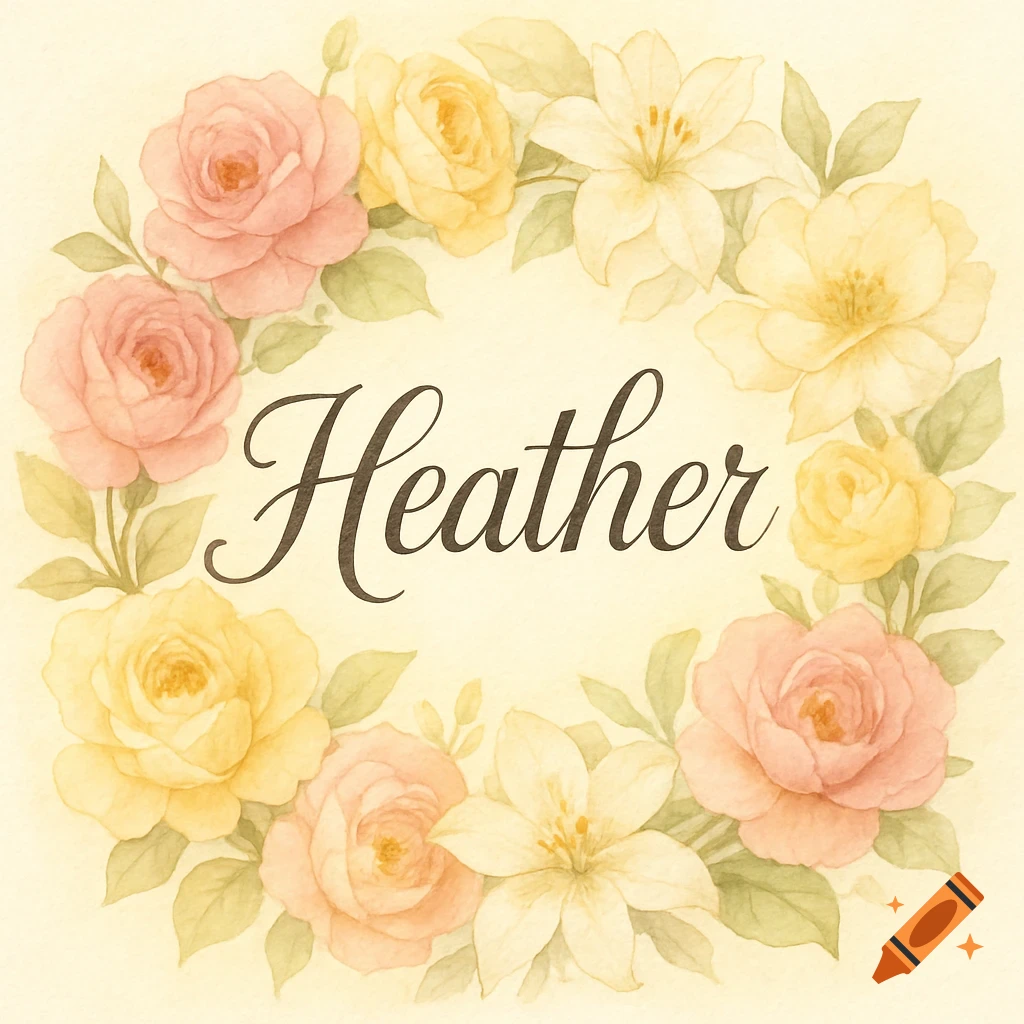 A watercolor wreath of pink, yellow, and white flowers surrounding the name Heather in script.