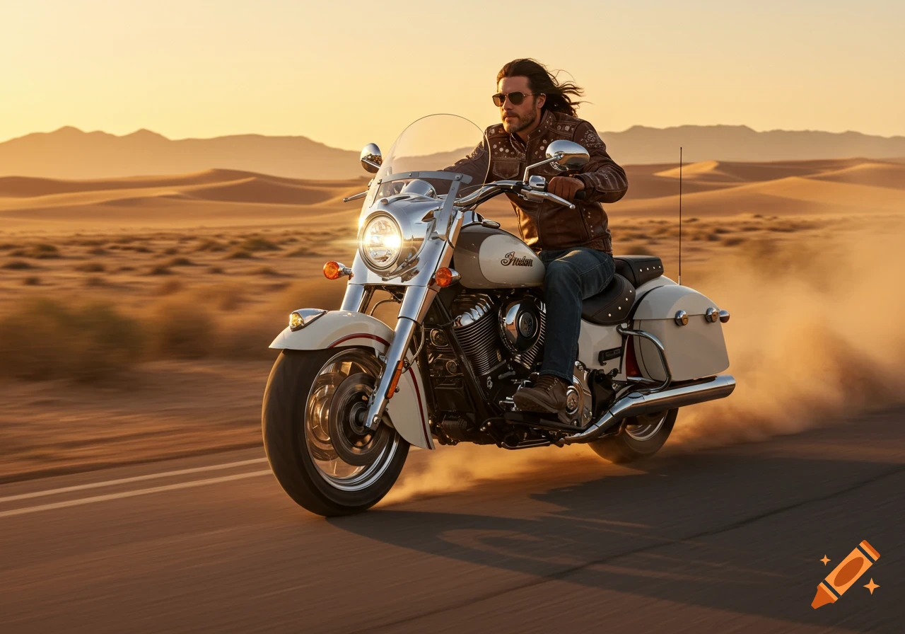 A man with long hair and sunglasses rides a white Indian motorcycle on a desert road at sunset, kicking up dust.