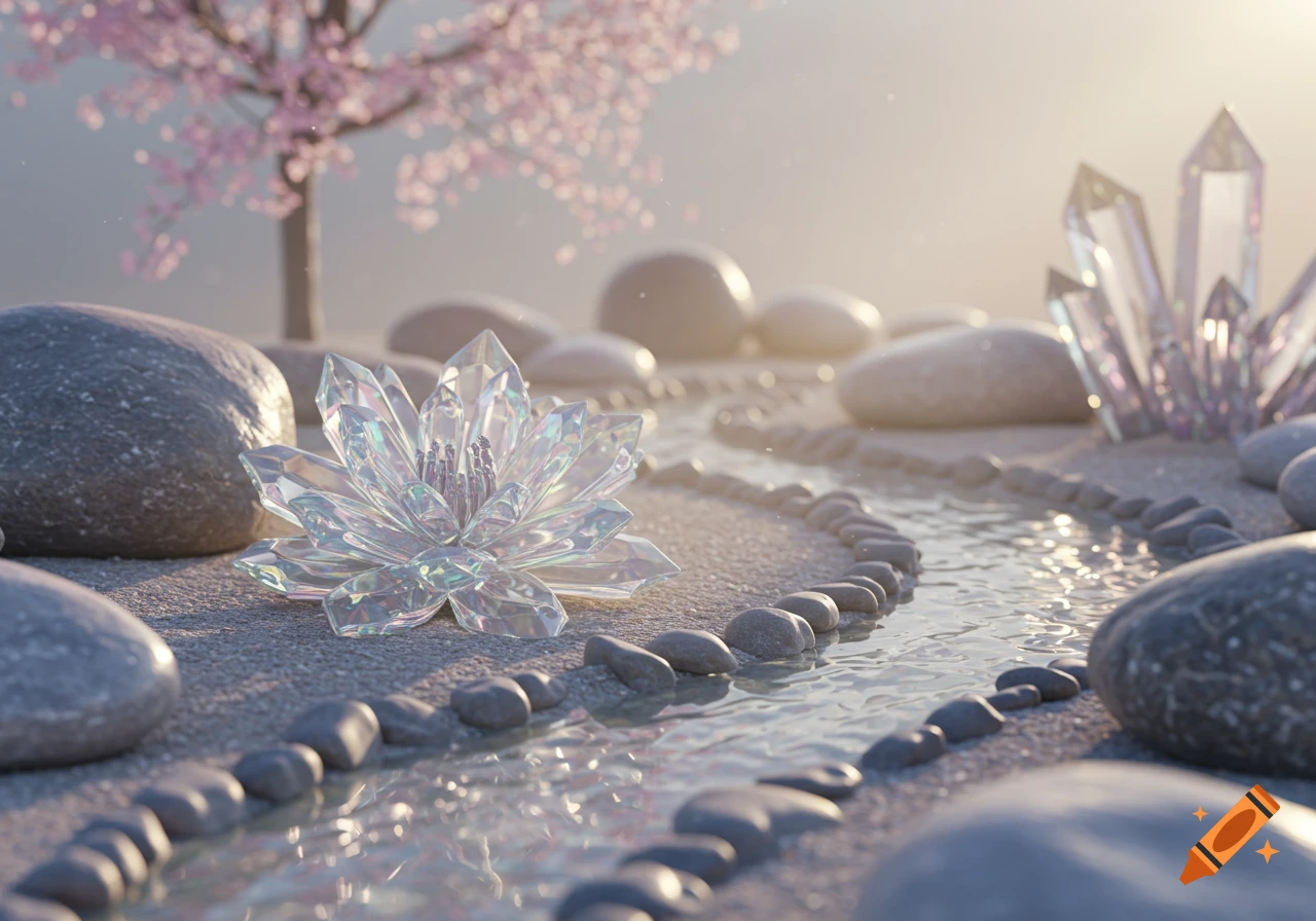 A sparkling crystal lotus flower in a serene rock garden with a winding stream, smooth stones, crystal spires, and a cherry blossom tree under soft light.