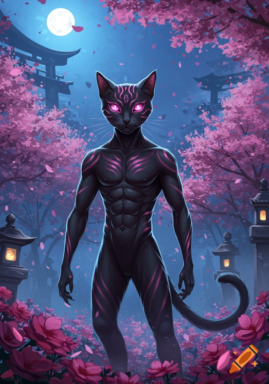 A muscular black humanoid cat with glowing pink eyes and tribal markings stands in a Japanese cherry blossom garden under a full moon.