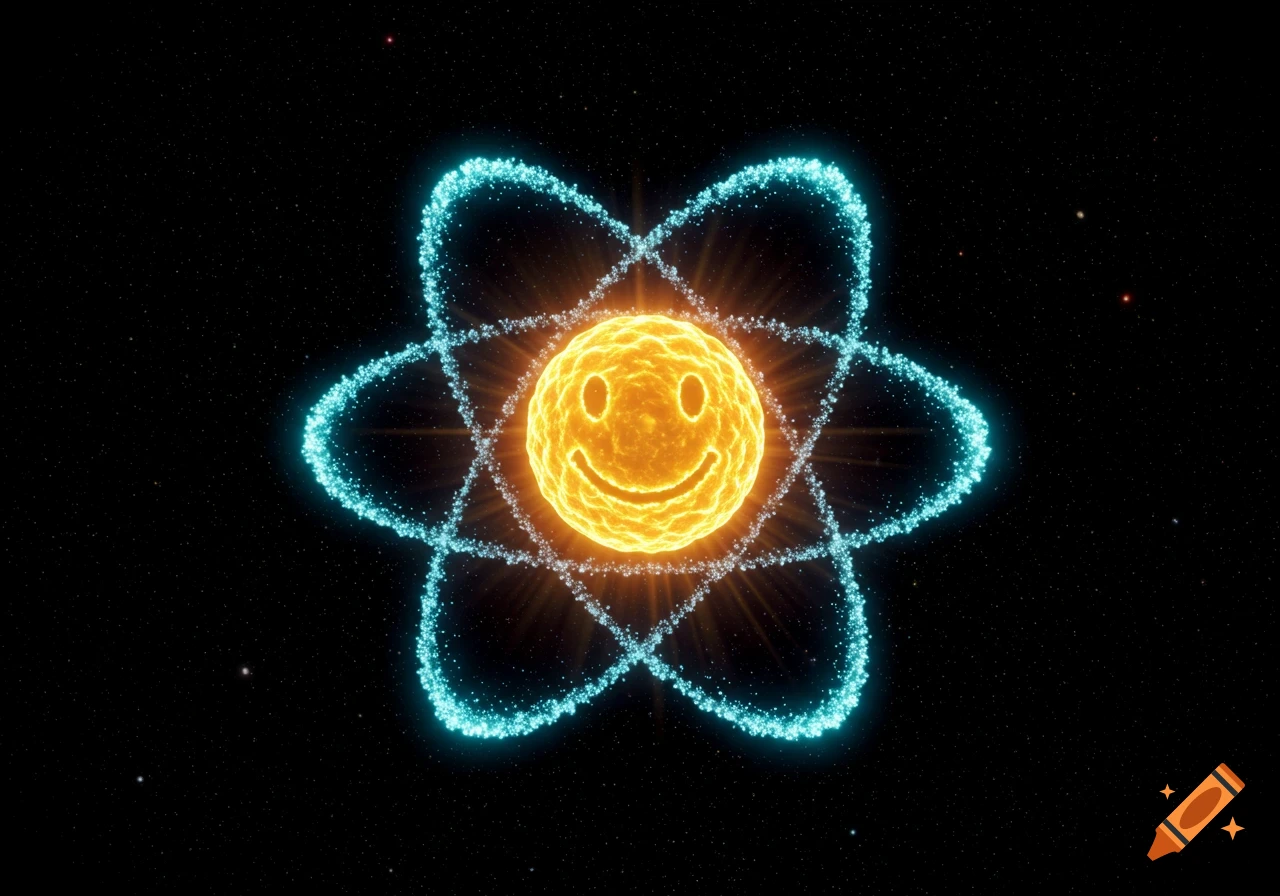 A glowing orange smiley face forms the nucleus of a blue, particle-filled atom structure against a starry black background.