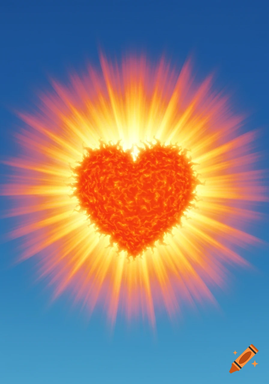 A vibrant, glowing heart resembling the sun, radiating bright light against a clear blue sky.