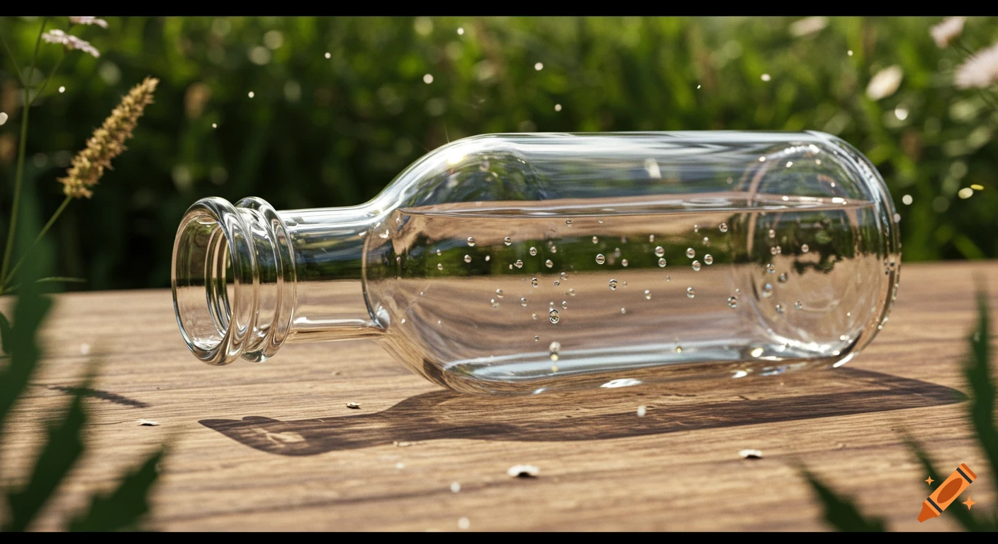 A clear glass bottle filled with water, lying horizontally on a wooden surface with a blurry green outdoor background. Water bubbles are visible inside the bottle.