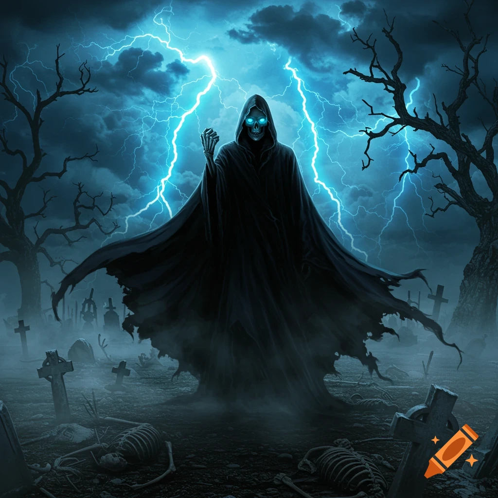 A grim reaper with glowing blue eyes and a black cloak stands in a foggy graveyard under a stormy sky with blue lightning, right fist raised.