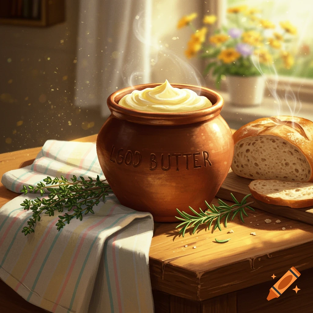 A steaming terracotta pot of butter sits on a wooden table next to sliced bread, a striped cloth, and herbs, bathed in sunlight.