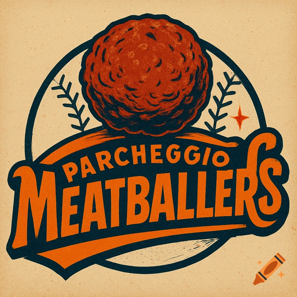 A vintage-style baseball logo featuring a large meatball and the text 'PARCHEGGIO MEATBALLERS'.