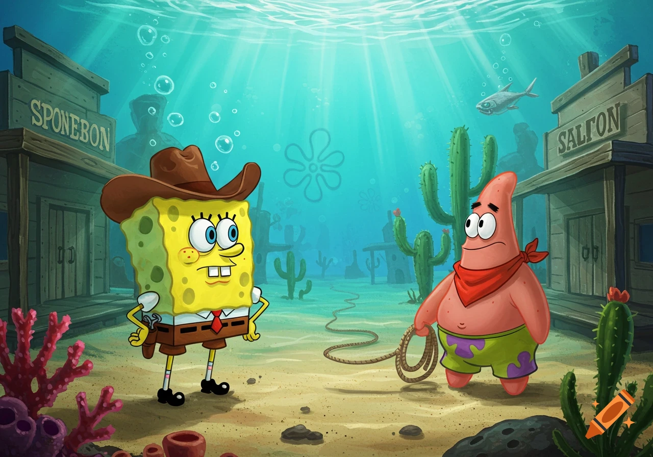 Spongebob Squarepants in a cowboy hat and Patrick Star with a lasso stand underwater in a western town setting with saloon buildings.