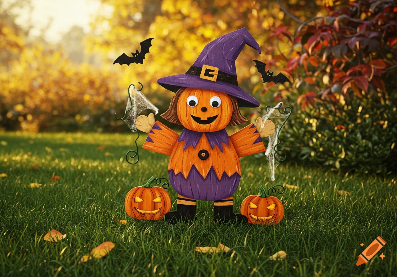 A cute pumpkin-headed character with a purple witch hat, surrounded by small pumpkins and bats in a grassy autumn yard.