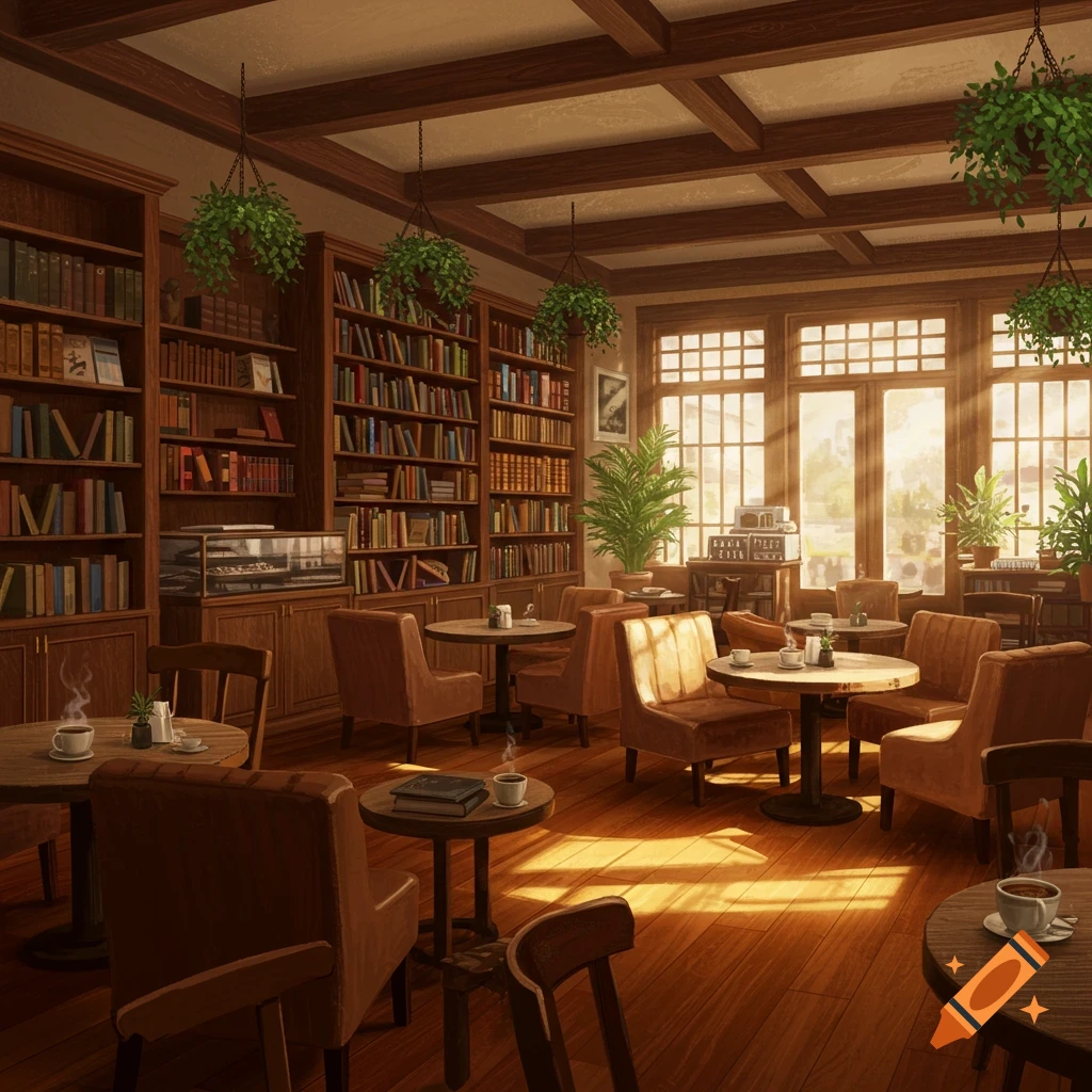 An illustrated cozy cafe with tall bookshelves, comfortable chairs, and tables, bathed in sunlight from large windows.