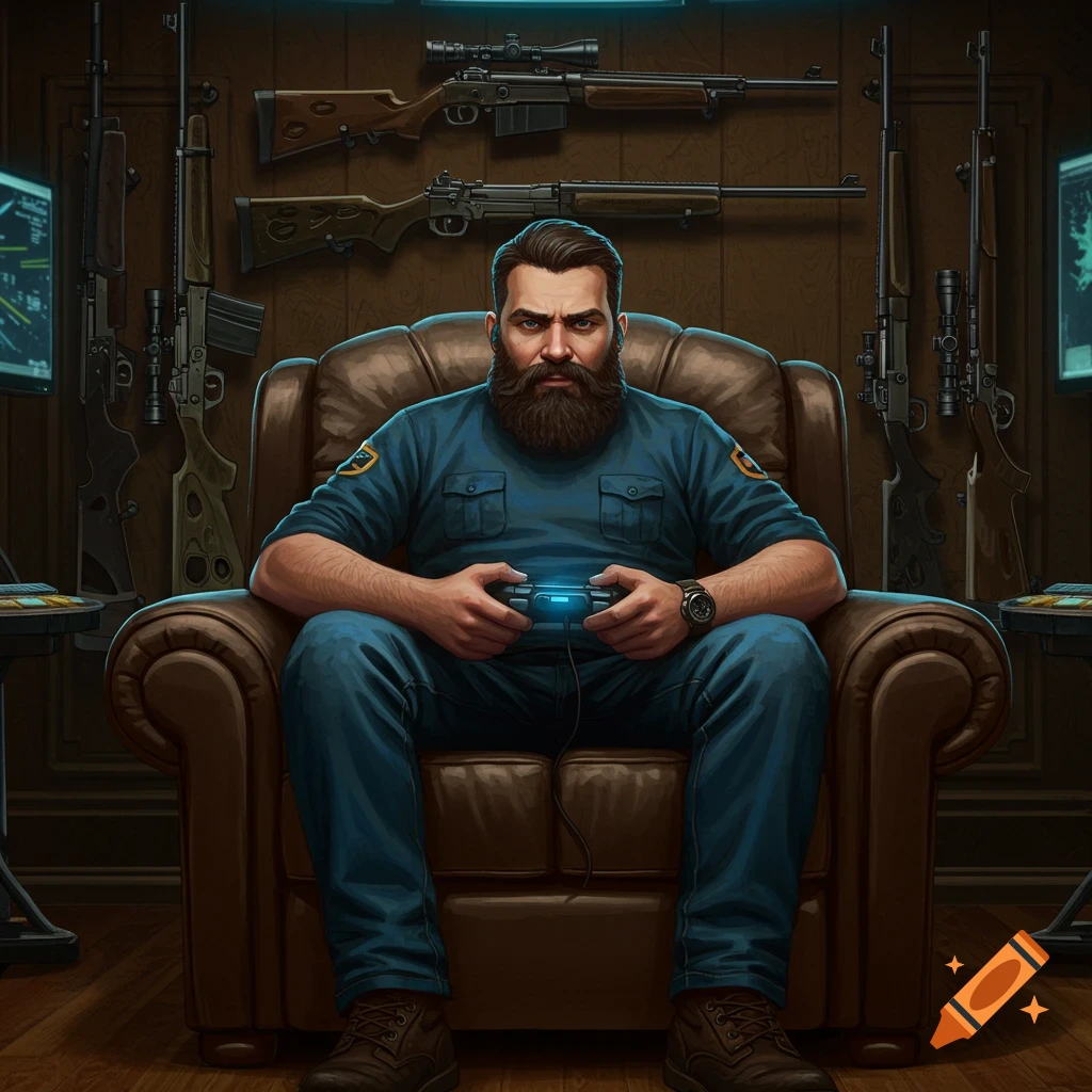 A bearded man in a blue uniform shirt and jeans sits in a brown leather armchair, holding a glowing video game controller. Several rifles are mounted on the wall behind him.