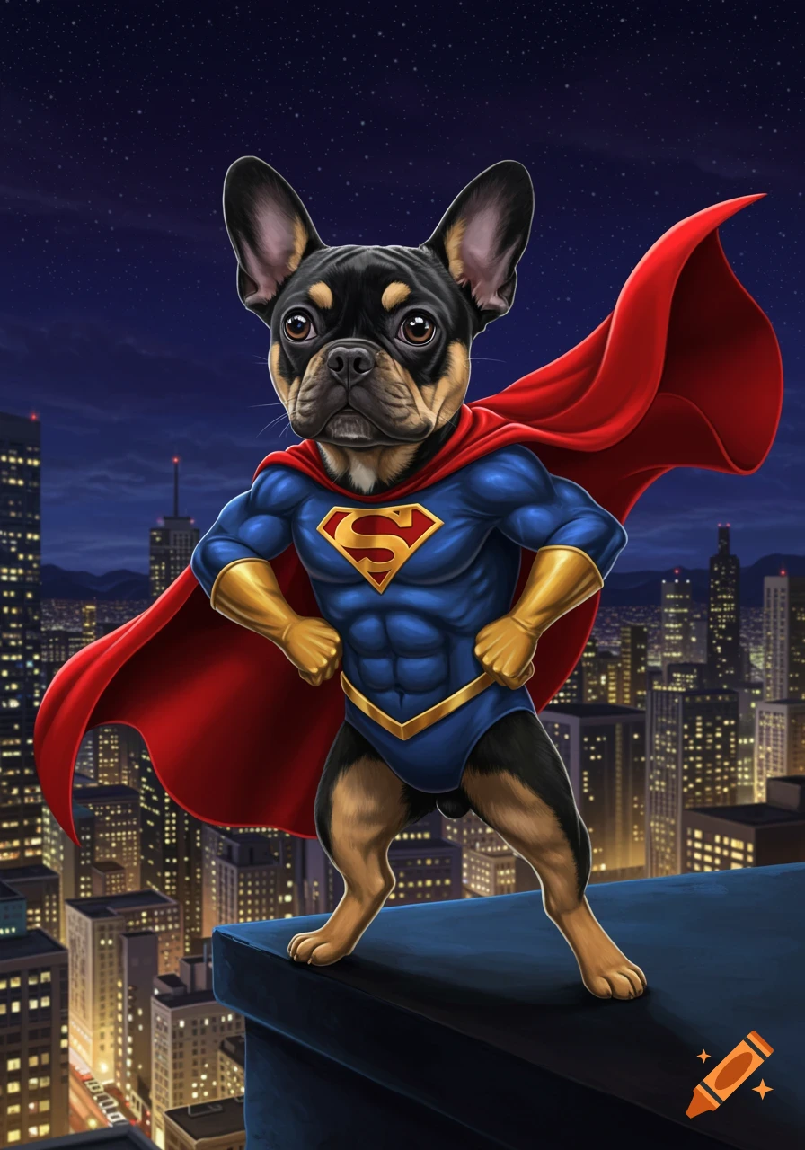 Illustration of a black and tan French Bulldog dressed as Superman standing on a city rooftop at night.