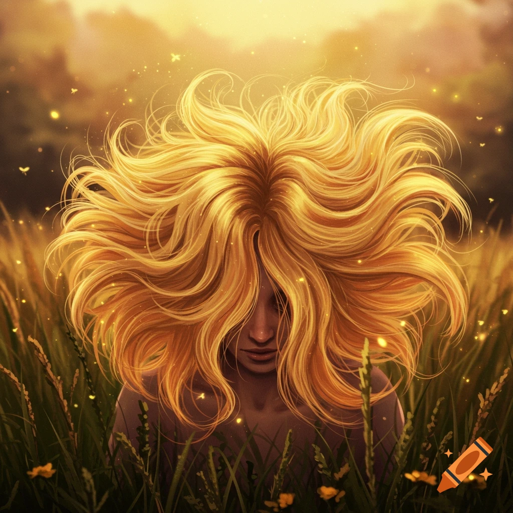 A figure with voluminous, bright golden-blonde hair flowing around their head, half-hidden in a sunlit field of tall green and golden grasses, with glowing specks like fireflies in the air.