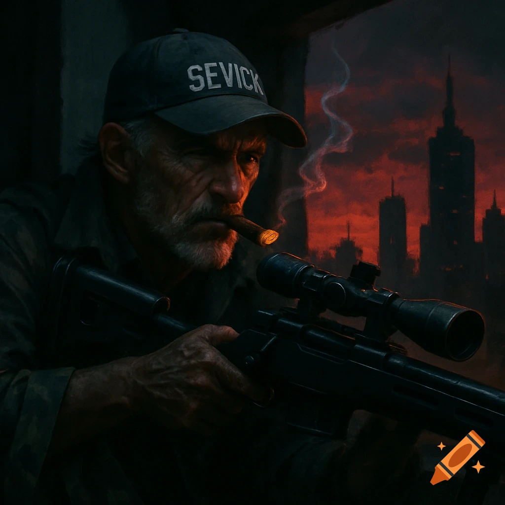 A bearded man in a cap with a cigar, holding a sniper rifle, against a dark city skyline with a red sky.