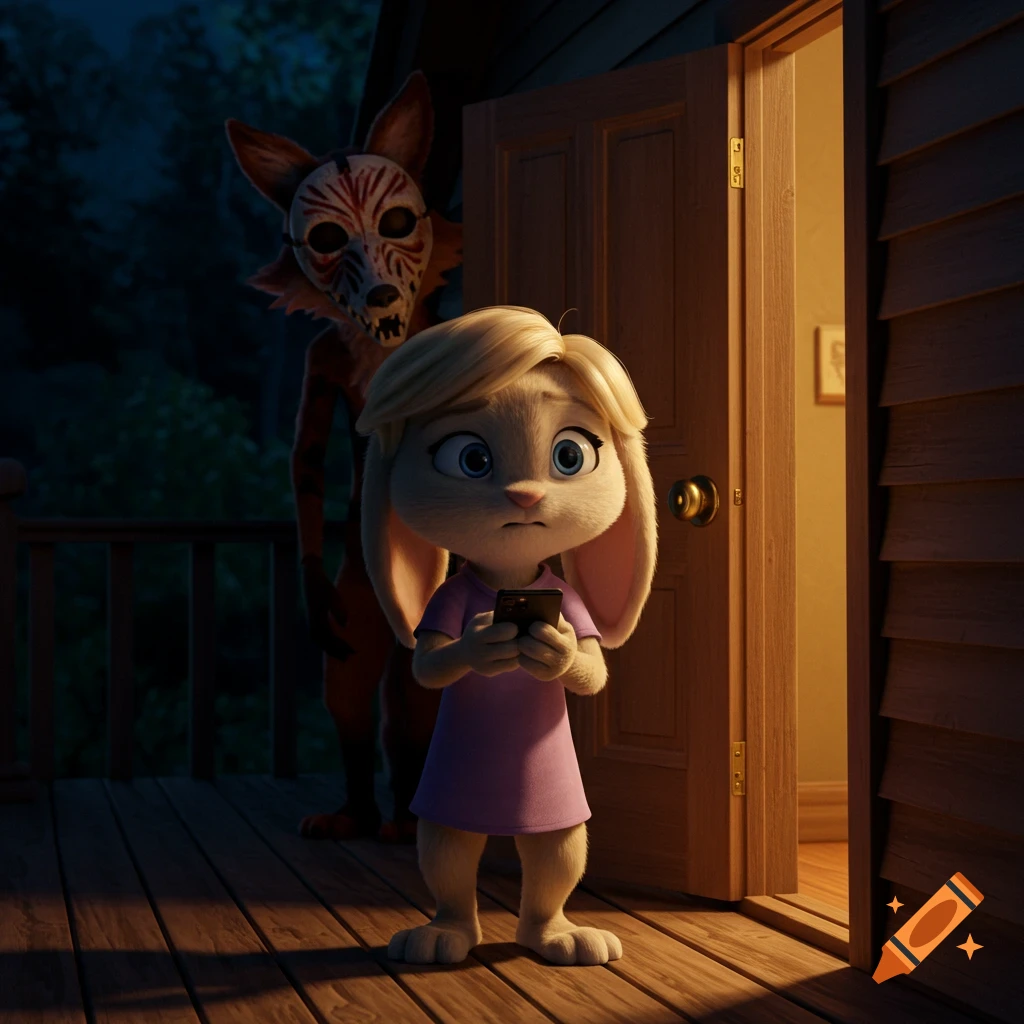 A blonde bunny character on a porch looks at her phone, frightened, as a fox in a scary mask stands behind her in a Disney Pixar animation style.