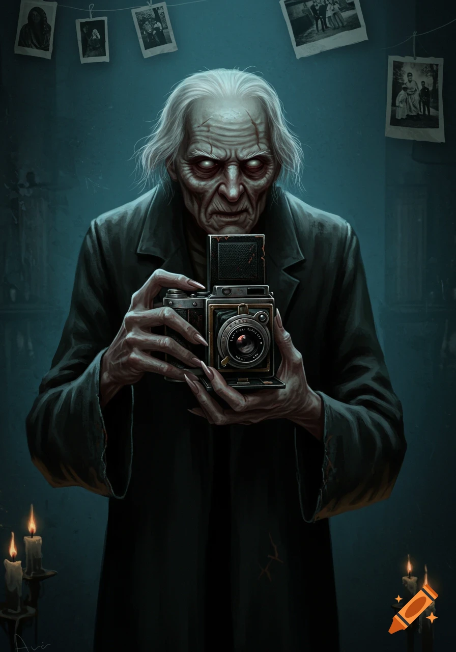 A scary, gaunt old man with glowing eyes holds a vintage camera, with faded photos strung behind him in a dark, gothic style.