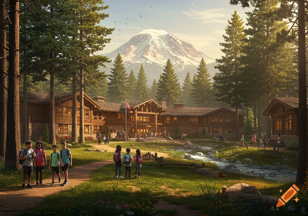 A wooden school building in a pine forest with a snow-capped mountain, multicultural students on paths.