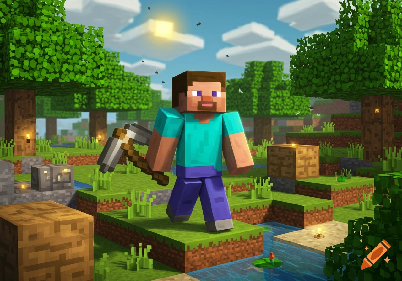 Minecraft Steve holds a pickaxe in a blocky landscape with trees, water, and sunlight.