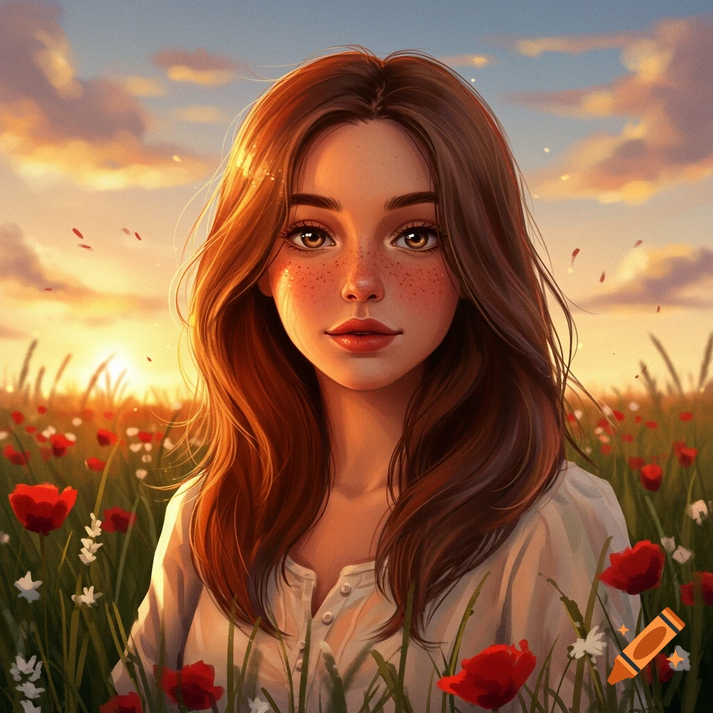 Illustrated portrait of a young woman with long brown hair and freckles in a field of flowers at sunset.