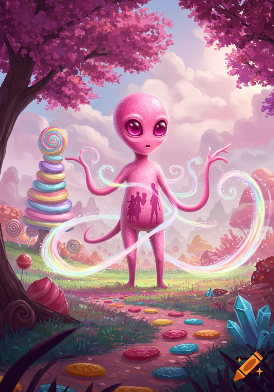 A pink alien with large eyes and tendrils stands in a vibrant candy land, emitting a rainbow aura. Silhouettes of people are visible on its belly, surrounded by giant lollipops and a path of colorful candy discs.