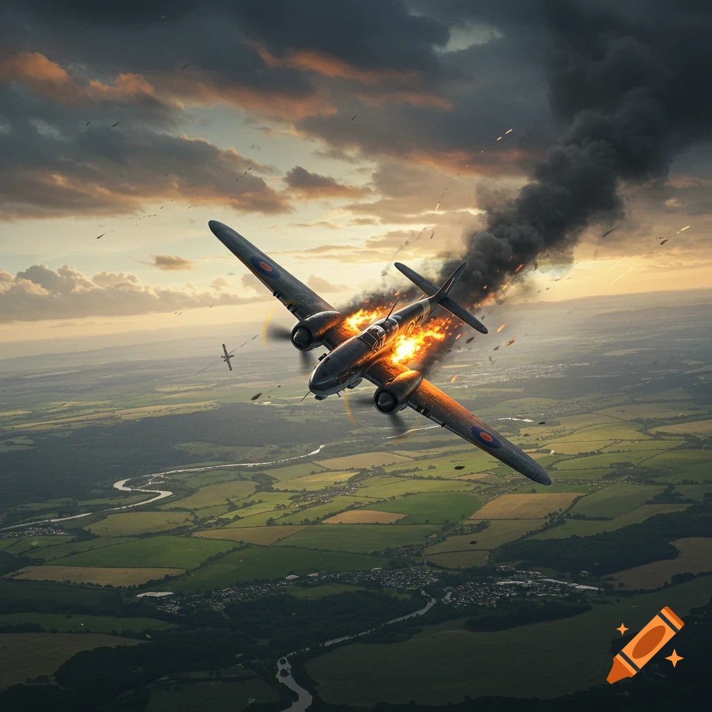 A vintage war plane, engulfed in flames and trailing black smoke, crashes over a lush green rural landscape under a dramatic sky.