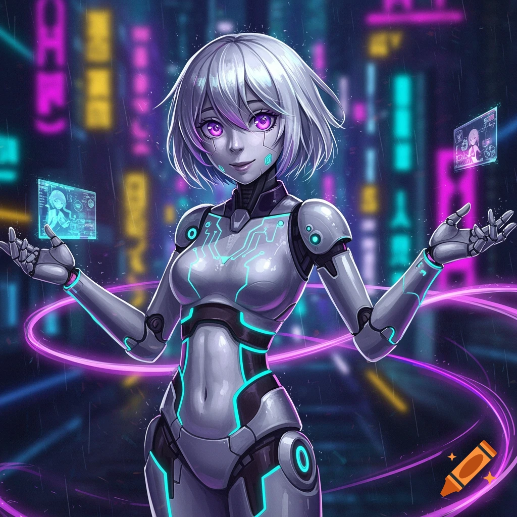 An anime-style robot girl with short white hair and glowing purple eyes stands in a rainy cyberpunk city, holding two holographic screens.