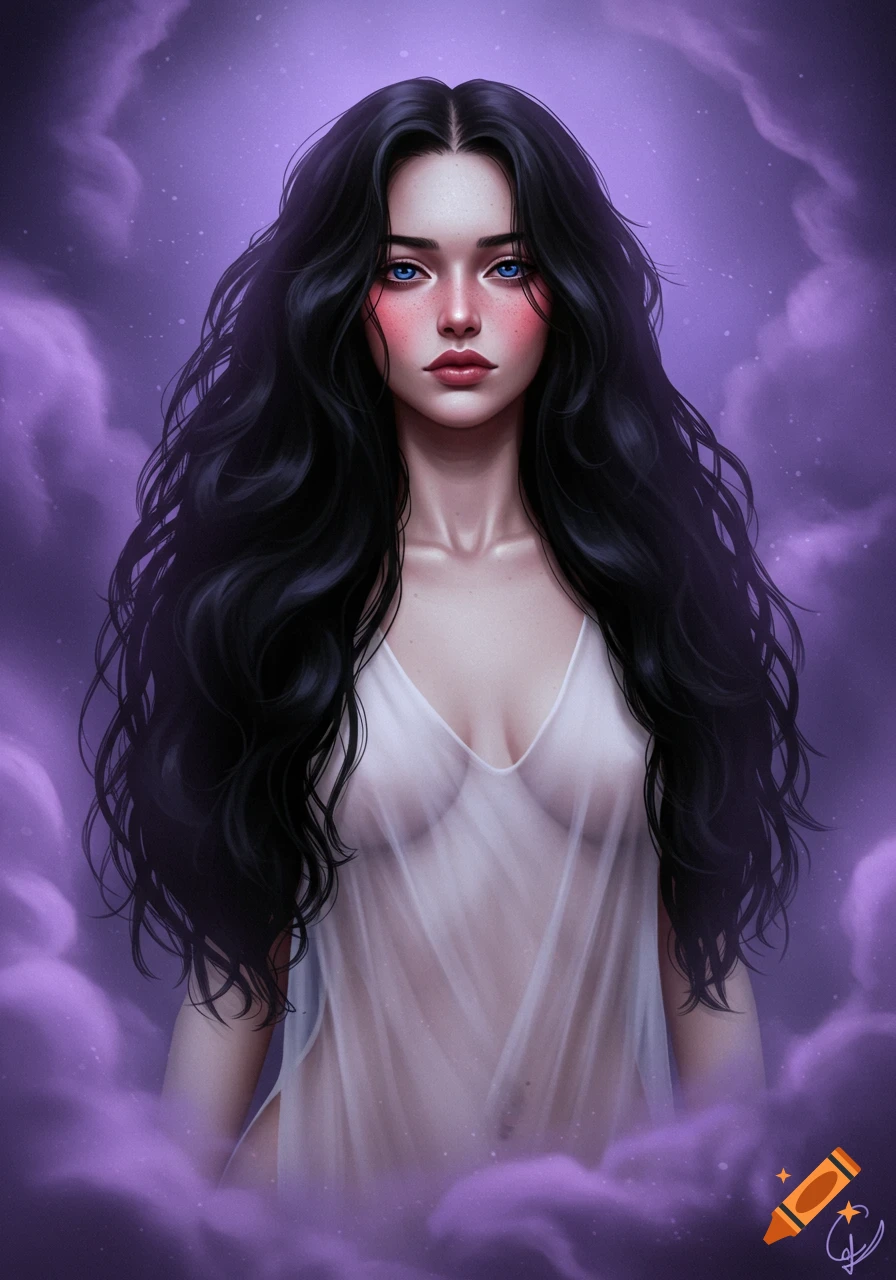 A digital painting of a woman with long black hair and blue eyes, wearing a sheer white gown, surrounded by purple mist.