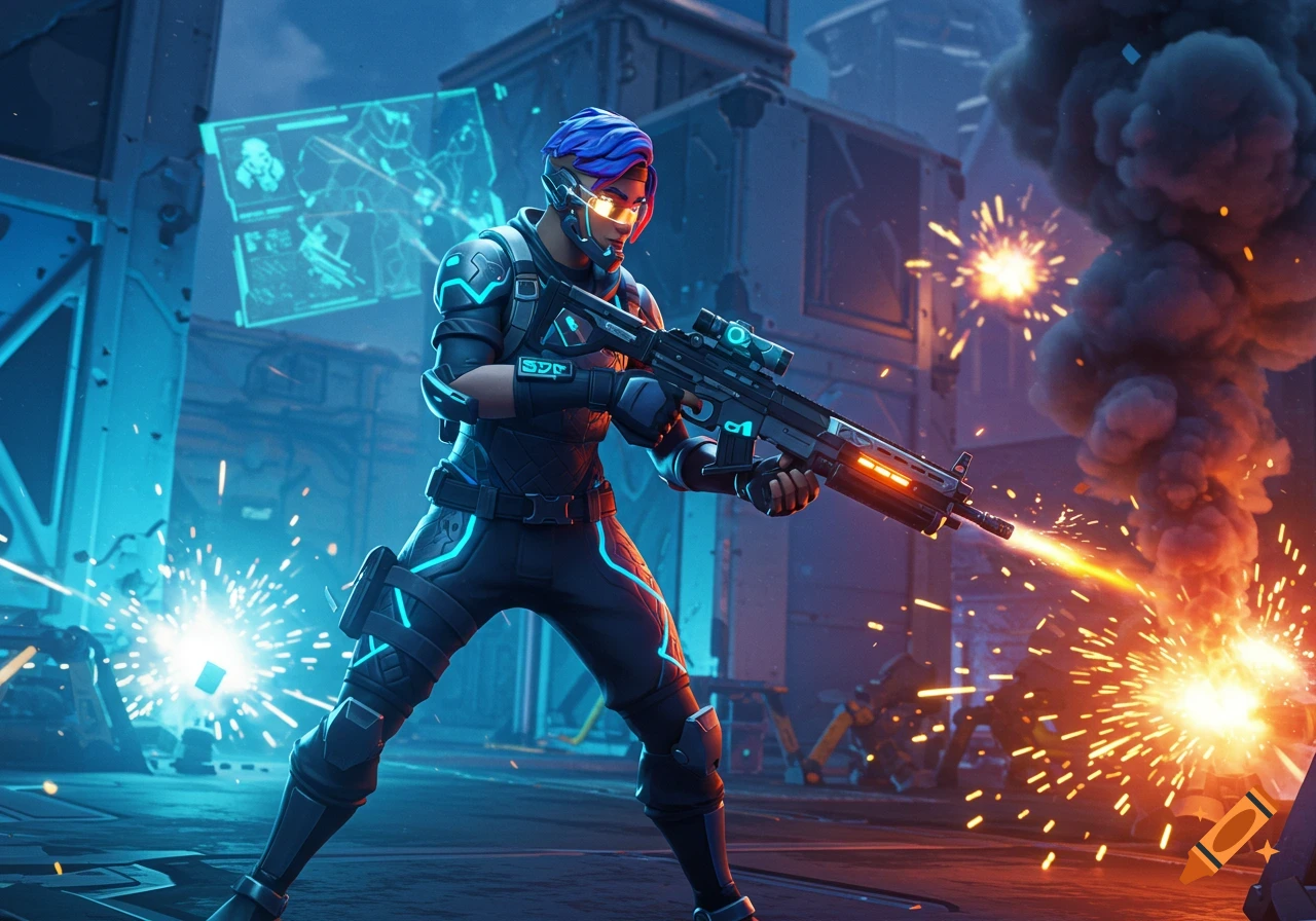 A futuristic soldier with blue hair and glowing visor fires a rifle in an urban combat zone, surrounded by explosions and sparks.
