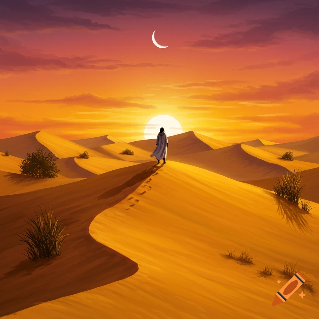 A solitary figure walks across a vast sand dune desert at sunset with a crescent moon in the sky.