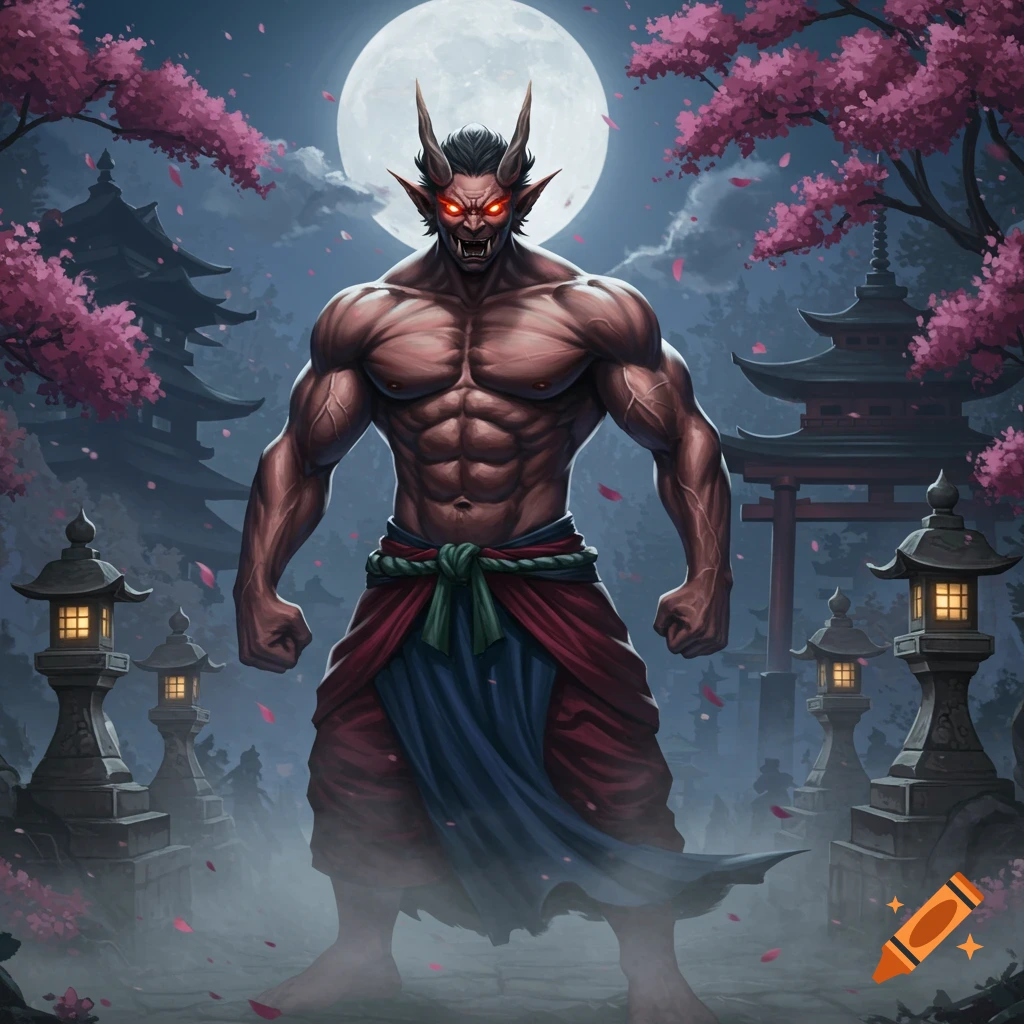 A muscular, horned Yokai with glowing red eyes stands in a misty Japanese temple garden under a full moon, surrounded by cherry blossoms.