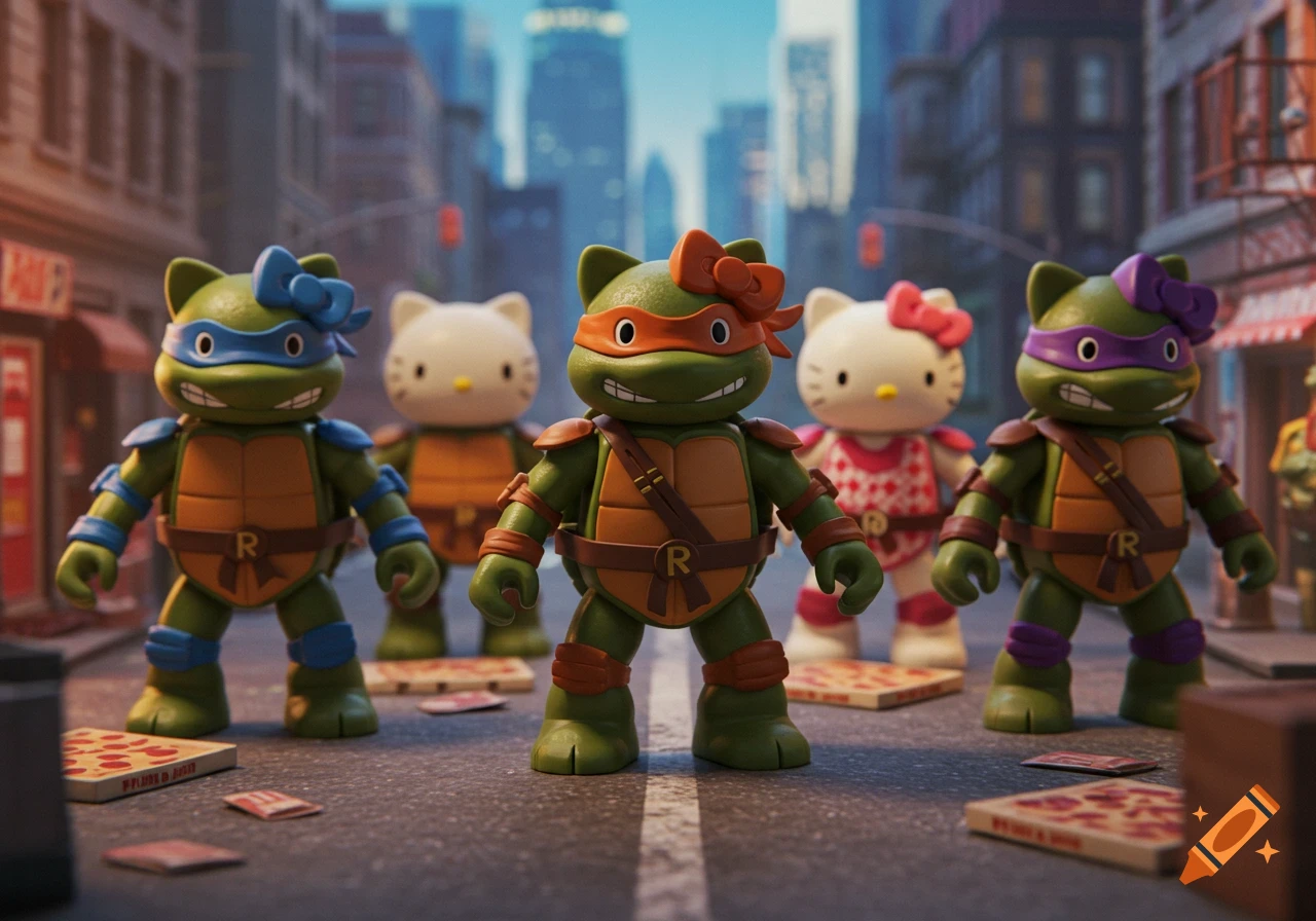 Plastic toy figurines of Ninja Turtle and Hello Kitty crossover characters stand on a city street with pizza boxes.