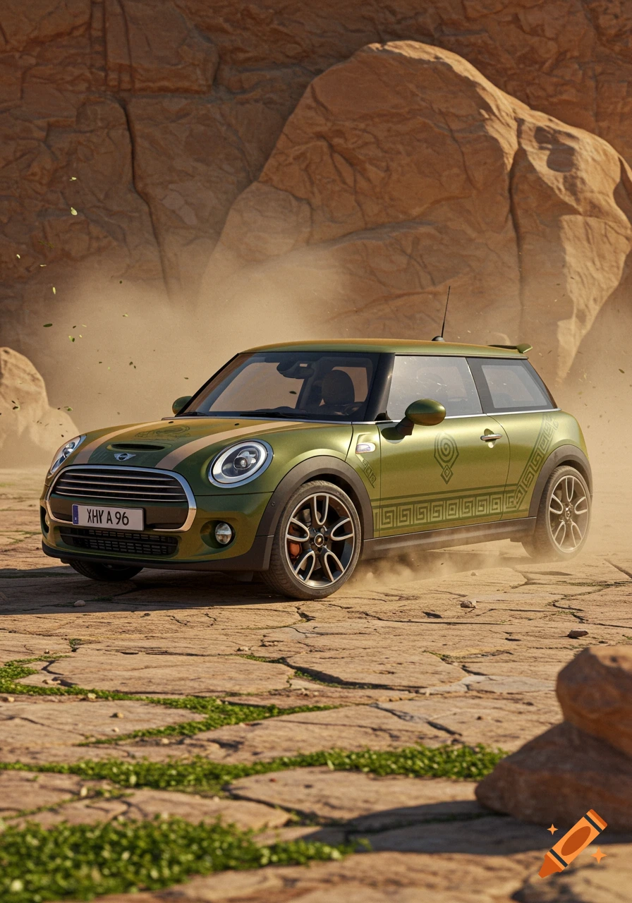 A green Mini Cooper with intricate patterns on its side drives through a dusty, rocky landscape under a clear sky.