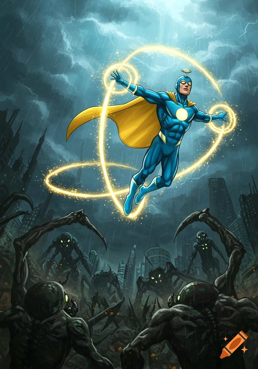 A superhero in a blue suit and yellow cape flies above a destroyed city, fighting dark, spider-like aliens with glowing eyes, in a comic book art style.