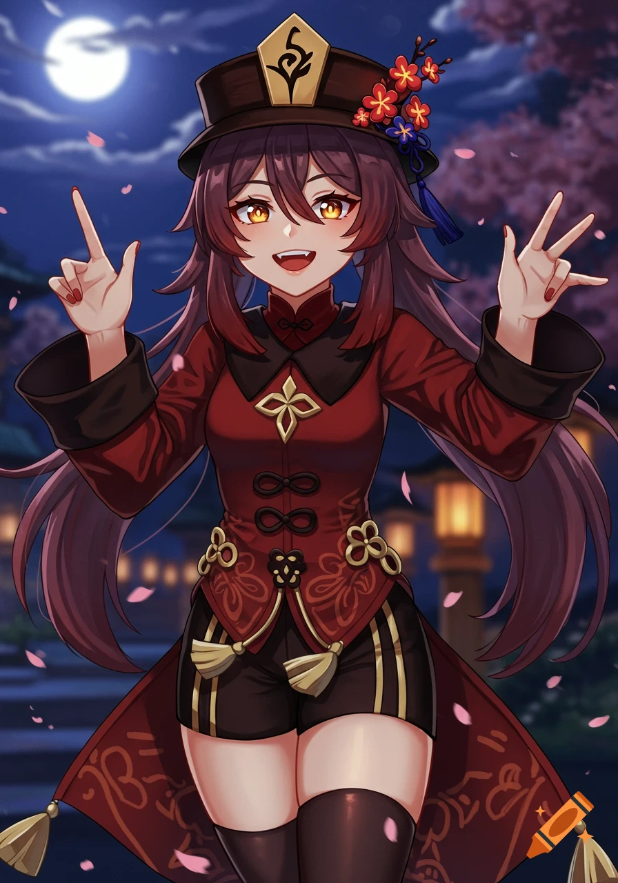 An anime girl, Hu Tao, poses under a full moon with pink cherry blossoms and lanterns in the background.