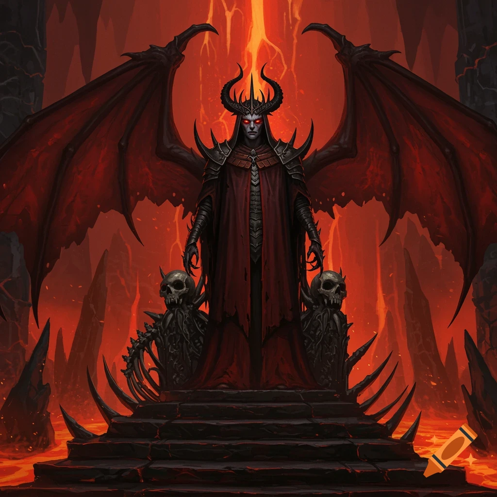 A formidable demonic king with large red wings, horns, and glowing eyes, wearing a dark robe, seated on a throne of skulls amidst a lava-filled, hellish landscape.