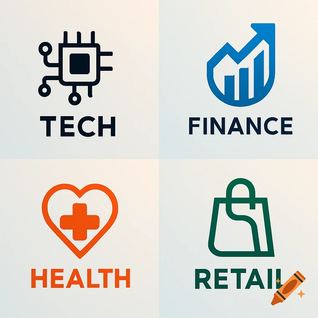 Four minimalist business logos: Tech with a circuit board, Finance with a bar chart, Health with a heart and cross, and Retail with a shopping bag.