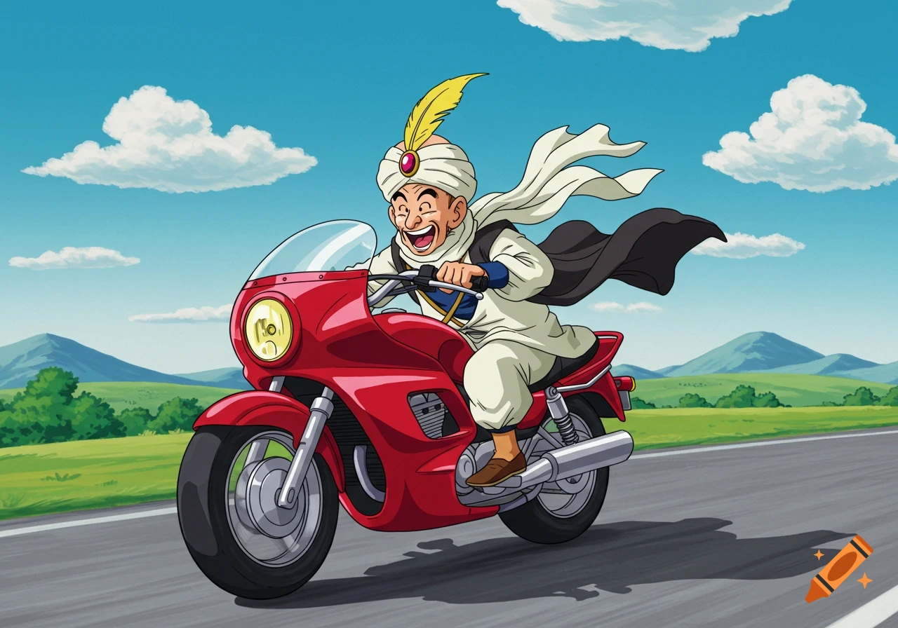 Mr. Popo from Dragon Ball happily riding a red motorcycle down a road with green hills and a blue sky in an anime style.