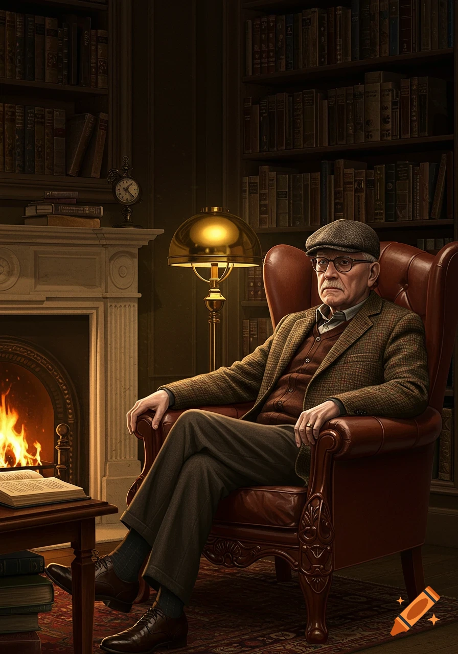 An old man in a tweed jacket sits in a leather armchair in a cozy library with a fireplace and bookshelves.