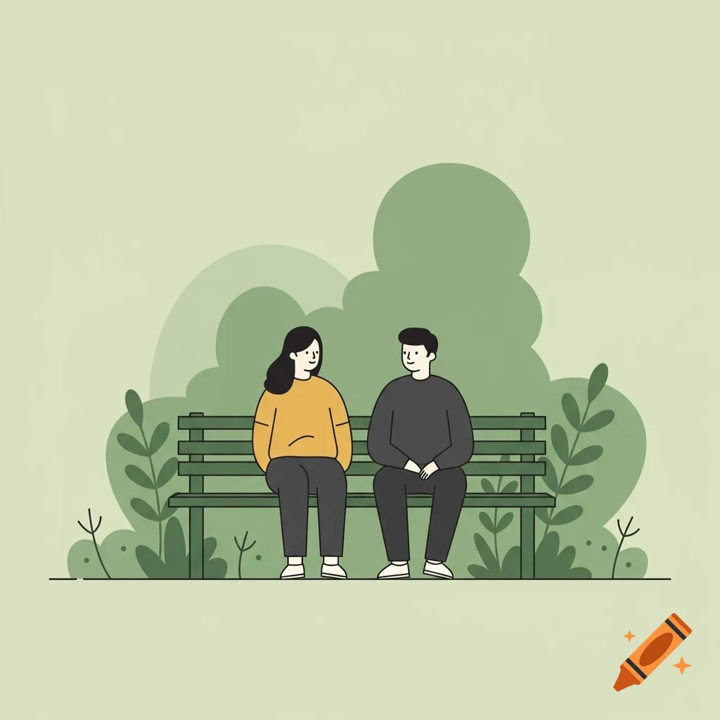 Flat vector illustration of a man and a woman sitting on a park bench with green foliage in the background, in a minimalist style.