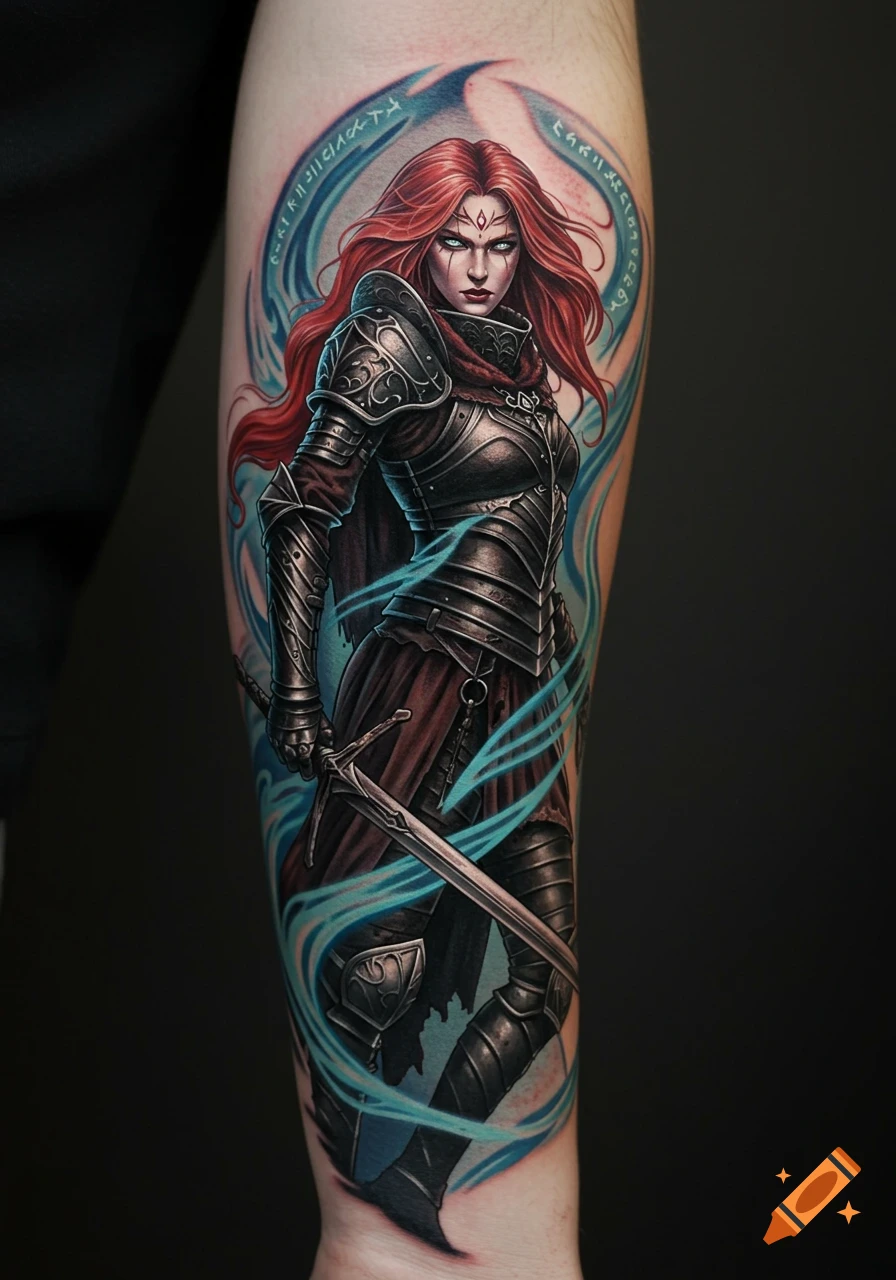 Detailed tattoo design of a red-haired female warrior in ornate dark armor, holding a sword, surrounded by blue mystical energy and runes.