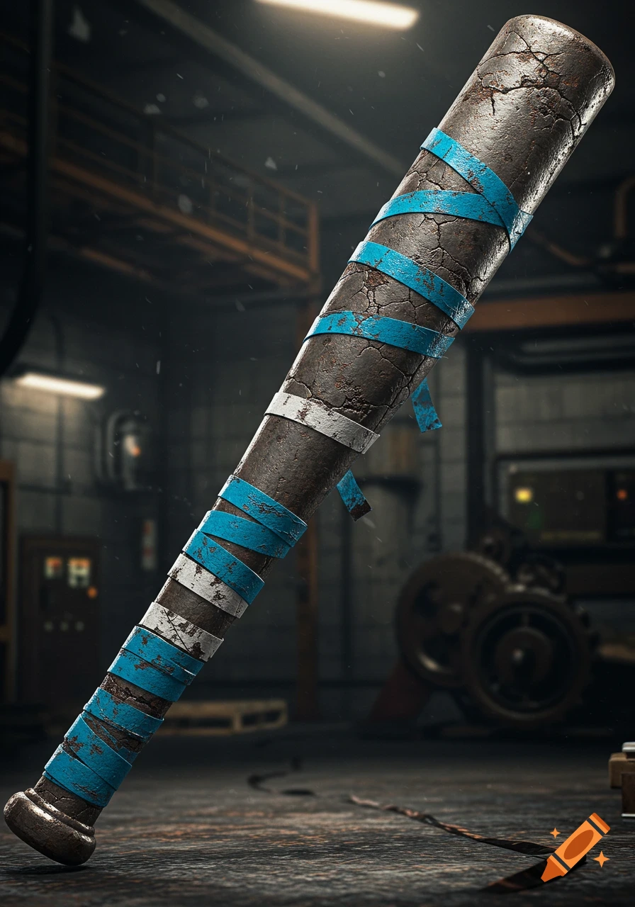 A photorealistic image of a heavily cracked, rusted metal bat wrapped in blue and white tape, resting in a dark industrial workshop.