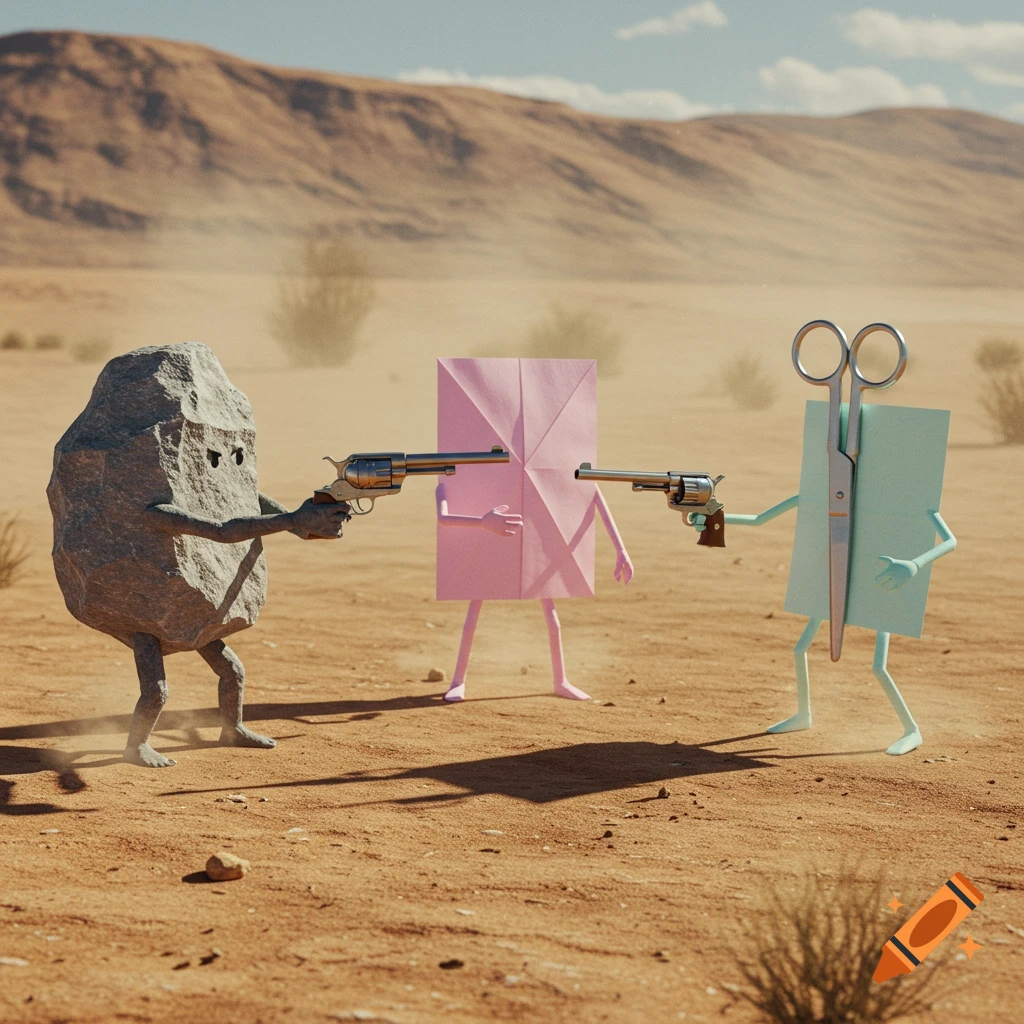 A personified rock, pink origami paper, and teal scissors stand in a desert, in a Mexican standoff with revolvers.