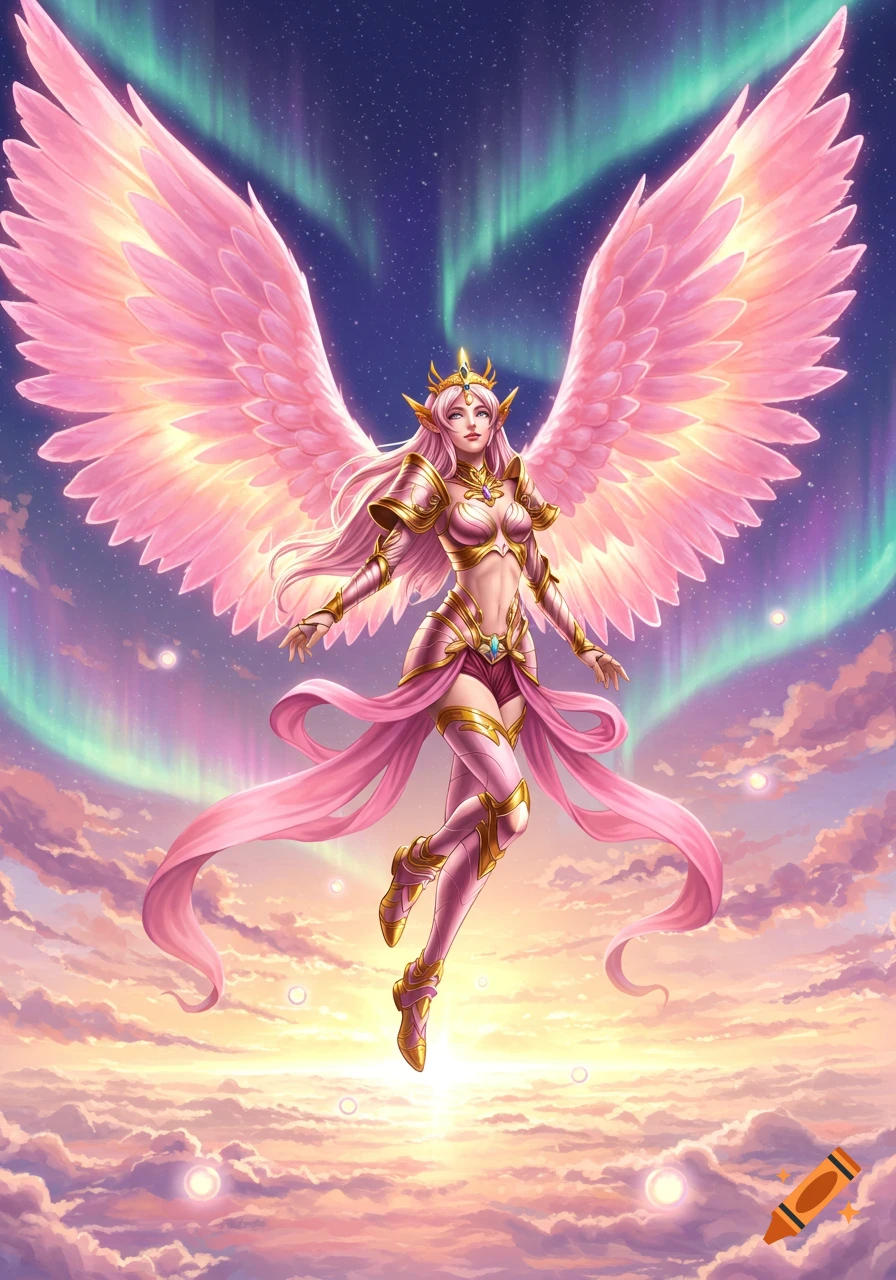 An anime empress with large pink fairy wings and pink and gold armor floats above clouds under a starry, aurora-lit sky.