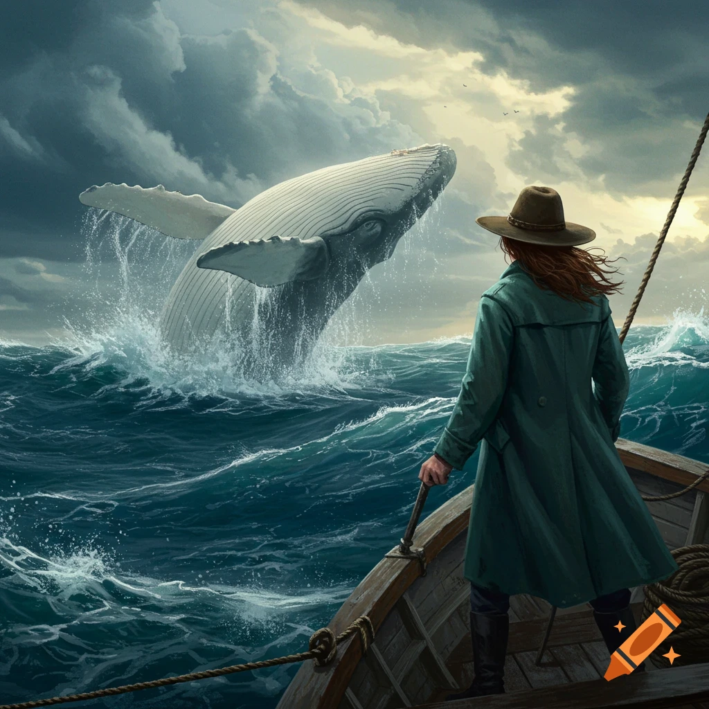 A person in a coat and hat on a boat looks at a huge white whale breaching from the stormy ocean.