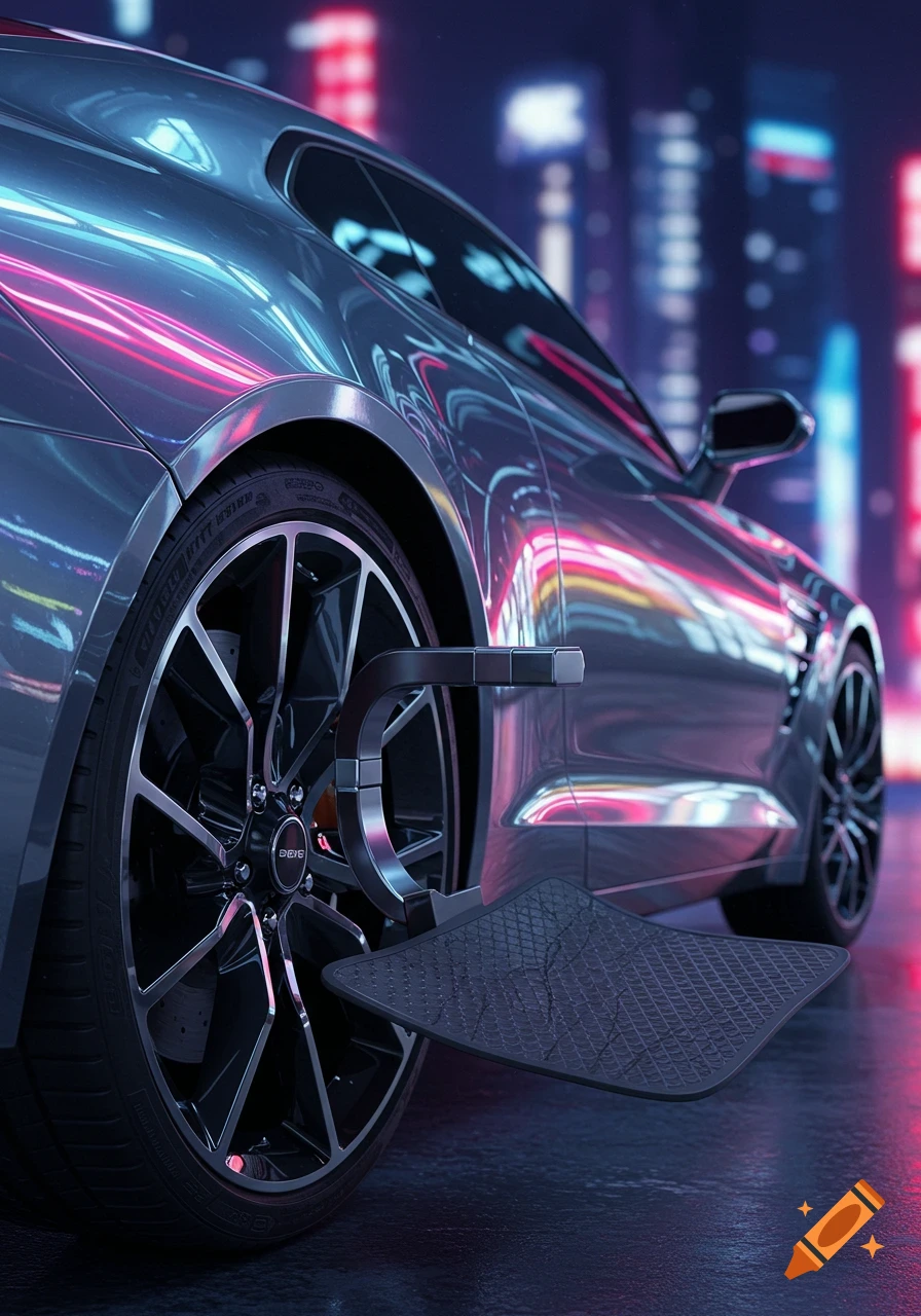 Close-up of a silver car's rear wheel with a magnetic hook holding a mat, under neon city lights at night. Photorealistic.