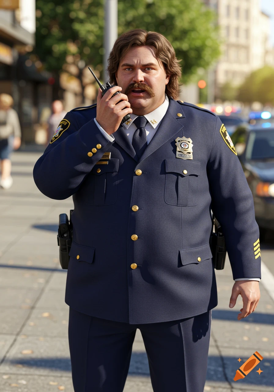 A portly police officer with a mustache and long hair talks on a walkie-talkie while standing on a city sidewalk.