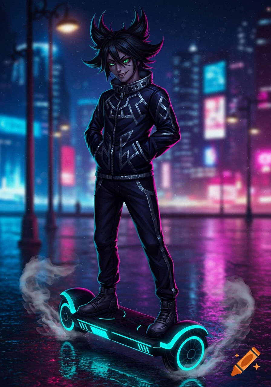 Anime femboy with black spiky hair and green eyes standing on a glowing hoverboard on a wet neon-lit cyberpunk city street at night.