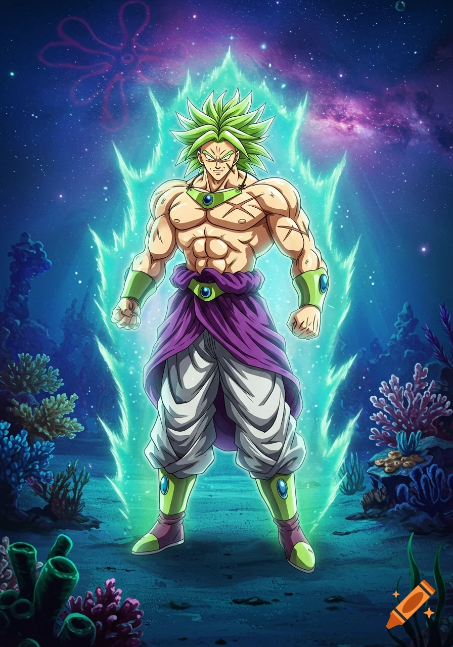 Muscular Broly from Dragon Ball in Super Saiyan form, glowing green in an underwater world with corals and a subtle starfish symbol.